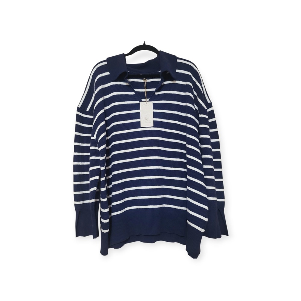 Organic Cotton Plus 3X NWT Nautical Striped Collared Pullover Navy DG2 Diane